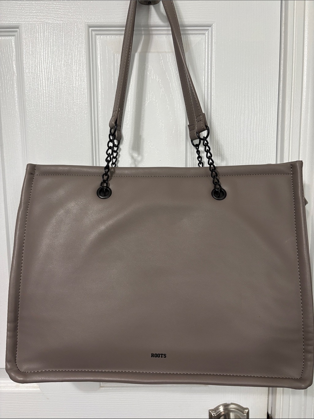 Roots Taupe Tote with Black Chain Handles Style 6521